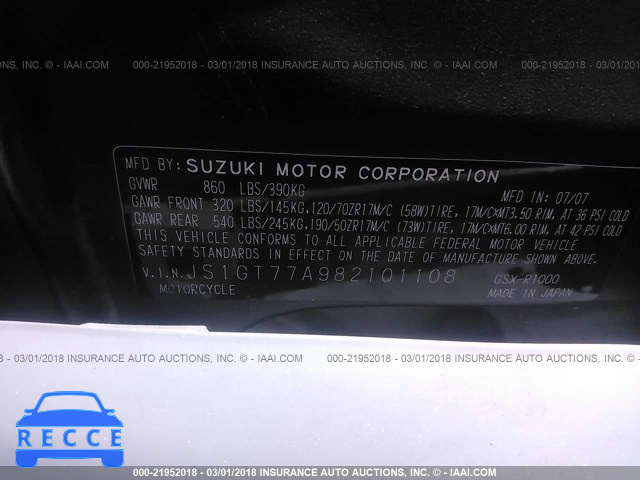 2008 SUZUKI GSX-R1000 JS1GT77A982101108 Bild 9