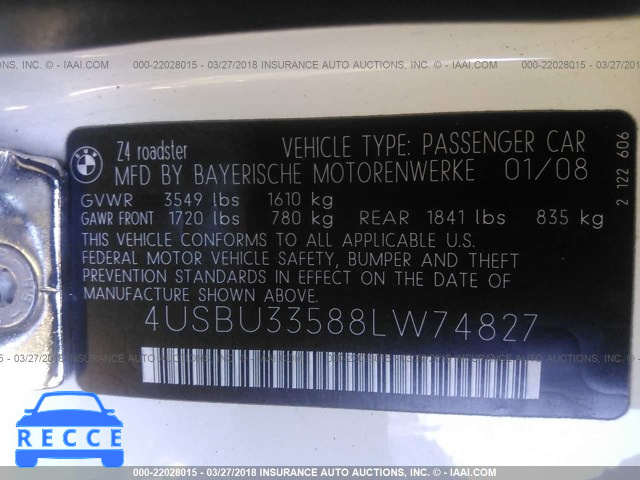 2008 BMW Z4 3.0 4USBU33588LW74827 зображення 8