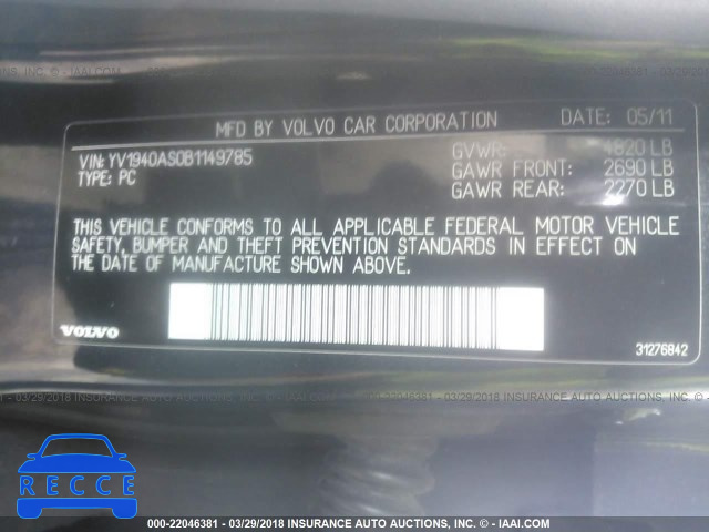 2011 VOLVO S80 3.2 YV1940AS0B1149785 image 8