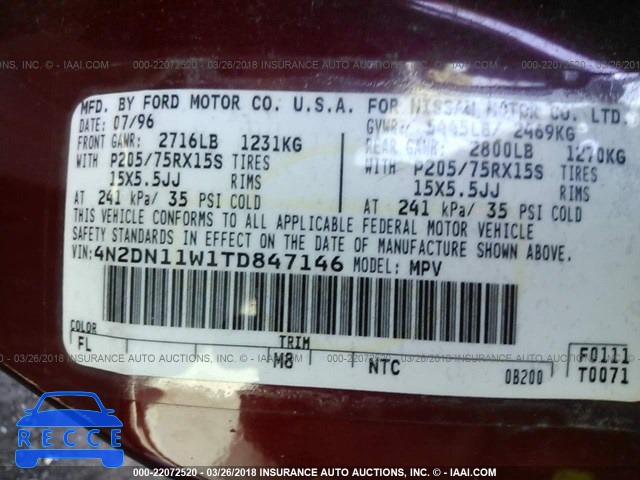 1996 NISSAN QUEST XE/GXE 4N2DN11W1TD847146 image 8