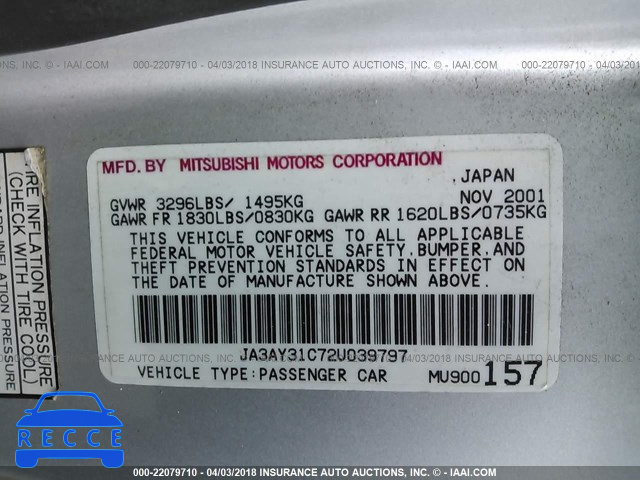 2002 MITSUBISHI MIRAGE LS JA3AY31C72U039797 image 8