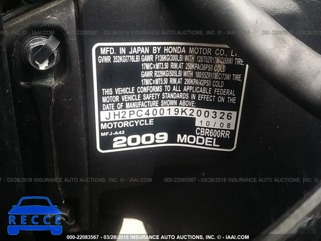 2009 HONDA CBR600 RR JH2PC40019K200326 image 9