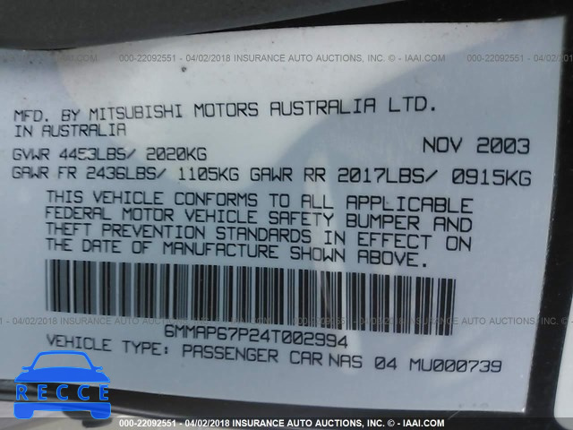 2004 MITSUBISHI DIAMANTE LS 6MMAP67P24T002994 image 8
