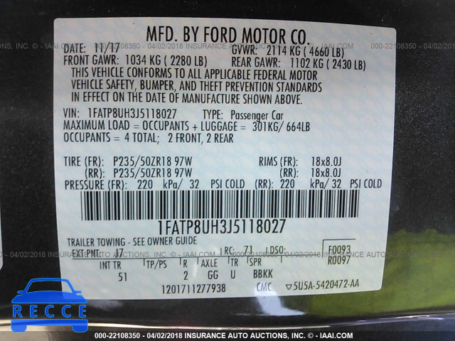 2018 FORD MUSTANG 1FATP8UH3J5118027 image 8