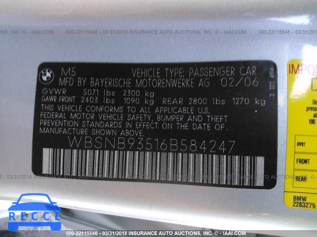 2006 BMW M5 WBSNB93516B584247 зображення 8