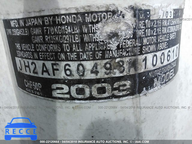 2003 HONDA CHF50 P JH2AF60493K100610 image 9
