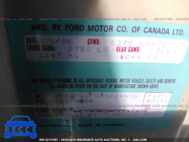 1986 FORD LTD CROWN VICTORIA 2FABP42F0GX204408 image 8