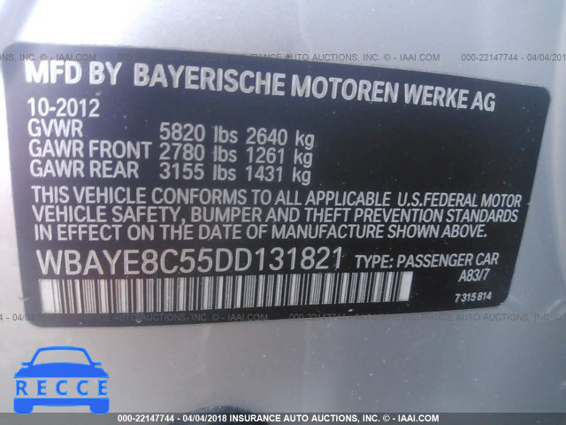 2013 BMW 750 LI WBAYE8C55DD131821 image 8