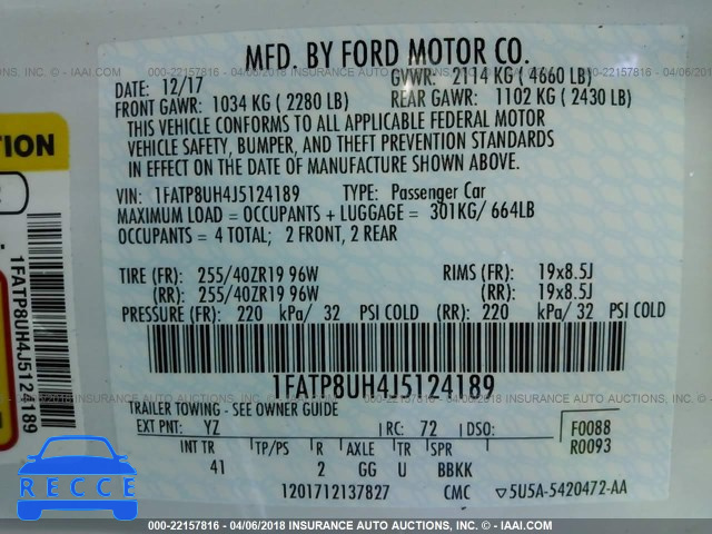 2018 FORD MUSTANG 1FATP8UH4J5124189 image 8