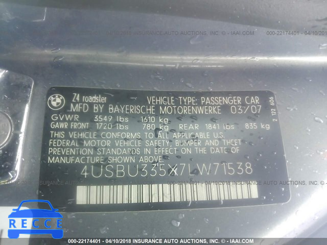 2007 BMW Z4 3.0 4USBU335X7LW71538 зображення 8