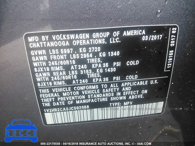 2018 VOLKSWAGEN ATLAS 1V2HR2CA9JC502058 image 8