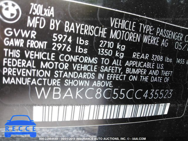 2012 BMW 750 LXI WBAKC8C55CC435523 image 8