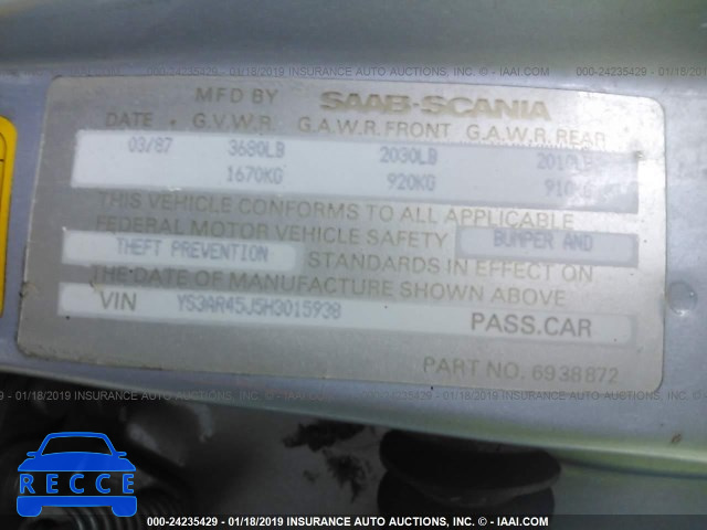 1987 SAAB 900 YS3AR45J5H3015938 image 8