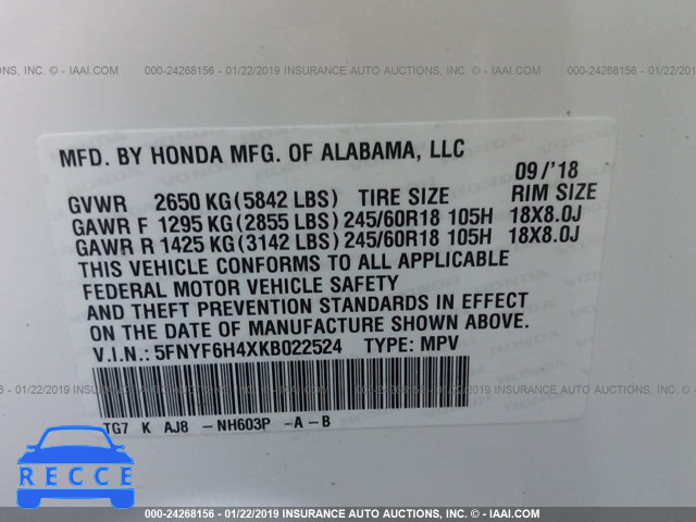 2019 HONDA PILOT EX 5FNYF6H4XKB022524 image 8