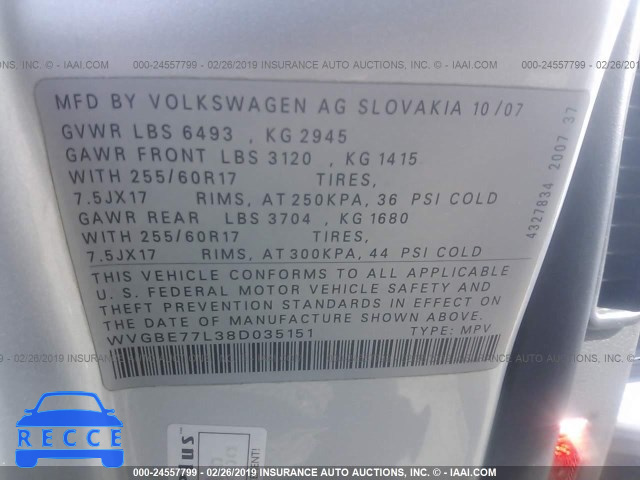 2008 VOLKSWAGEN TOUAREG 2 V6 WVGBE77L38D035151 image 8