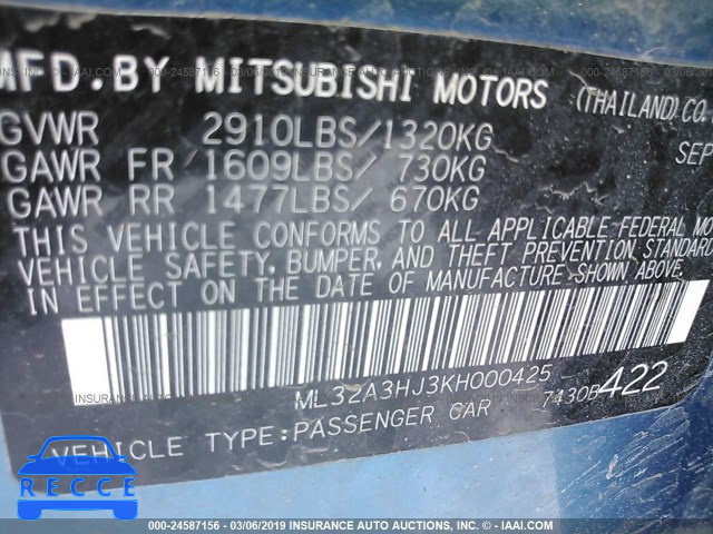 2019 MITSUBISHI MIRAGE ES ML32A3HJ3KH000425 image 8