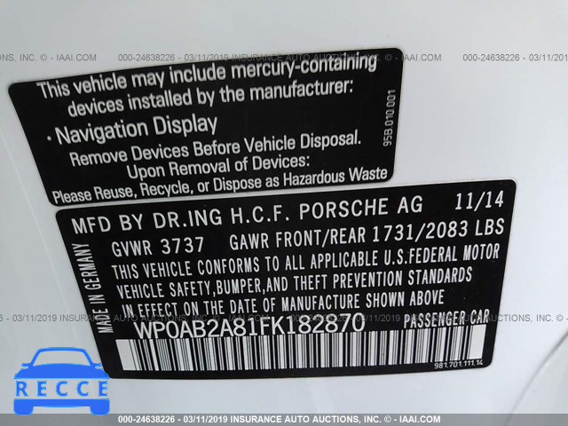 2015 PORSCHE CAYMAN S/GTS WP0AB2A81FK182870 image 8