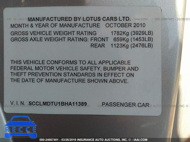 2011 LOTUS EVORA SCCLMDTU1BHA11389 image 8