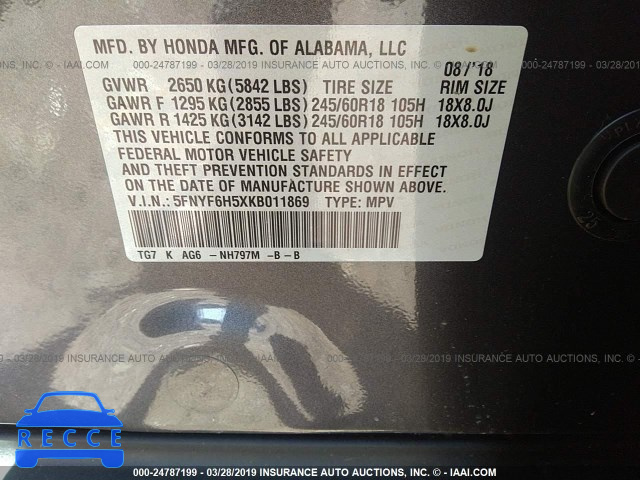 2019 HONDA PILOT EXL 5FNYF6H5XKB011869 Bild 8