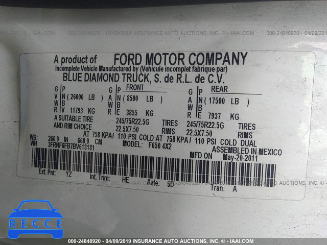 2011 FORD F650 SUPER DUTY 3FRNF6FB7BV613181 зображення 8