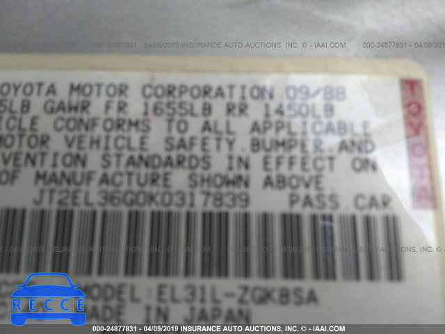 1989 TOYOTA TERCEL EZ JT2EL36G0K0317839 image 8