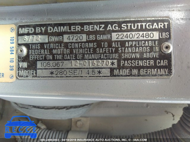 1973 MERCEDES 280SE 10806712016270 image 8