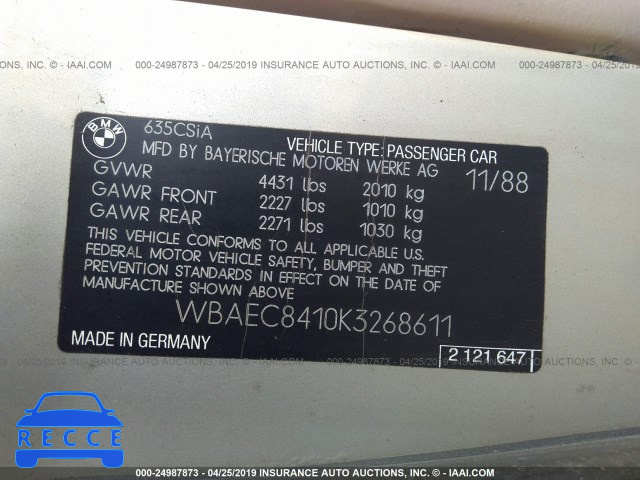 1989 BMW 635 CSI AUTOMATICATIC WBAEC8410K3268611 зображення 8