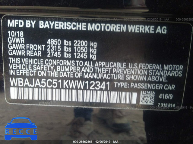 2019 BMW 530 I WBAJA5C51KWW12341 зображення 7