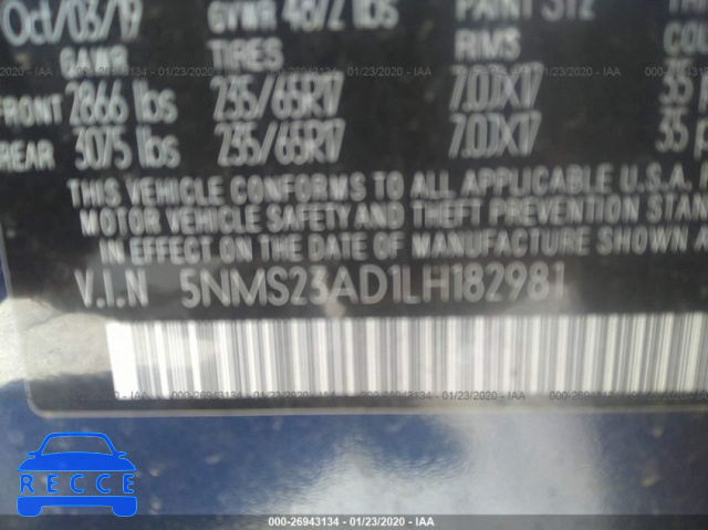2020 HYUNDAI SANTA FE SE 5NMS23AD1LH182981 Bild 8