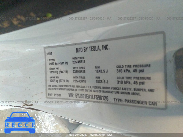 2020 TESLA MODEL 3 5YJ3E1EA1LF598126 image 7