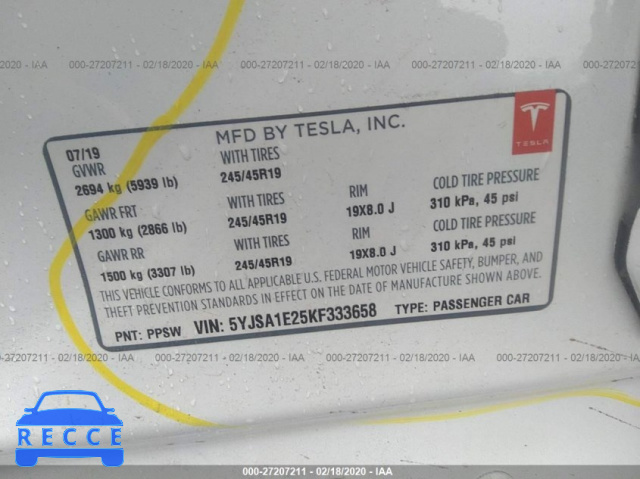 2019 TESLA MODEL S 5YJSA1E25KF333658 зображення 7