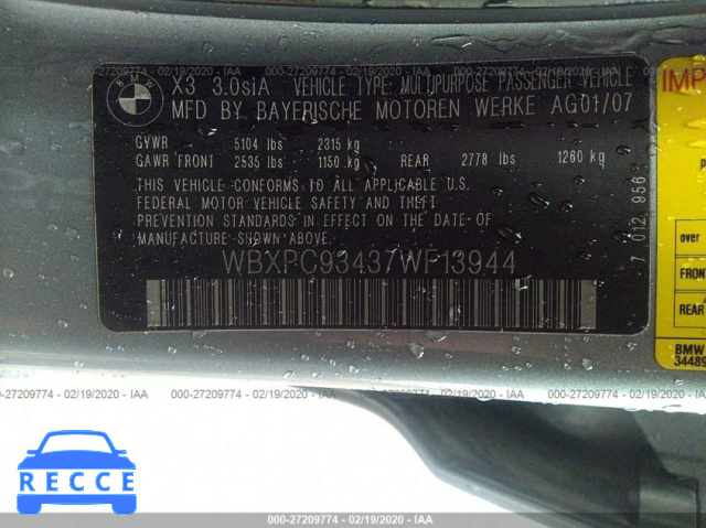 2007 BMW X3 3.0SI WBXPC93437WF13944 зображення 8
