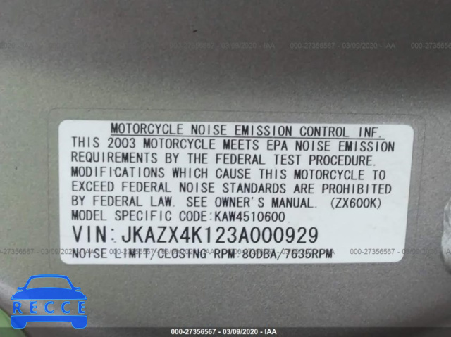 2003 KAWASAKI ZX600 K1 JKAZX4K123A000929 image 9