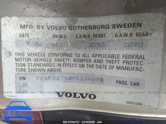 1987 VOLVO 740 GLE YV1FX8748H1104698 Bild 8