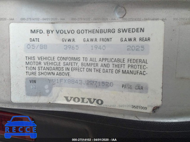 1988 VOLVO 740 GLE YV1FX8843J2271520 зображення 8