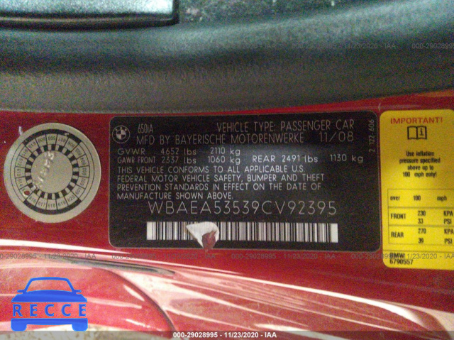 2009 BMW 6 SERIES 650I WBAEA53539CV92395 image 7