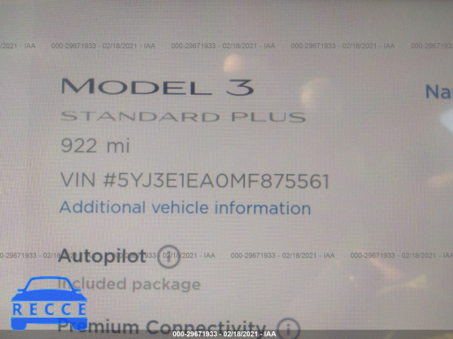 2021 TESLA MODEL 3 STANDARD RANGE PLUS 5YJ3E1EA0MF875561 Bild 6