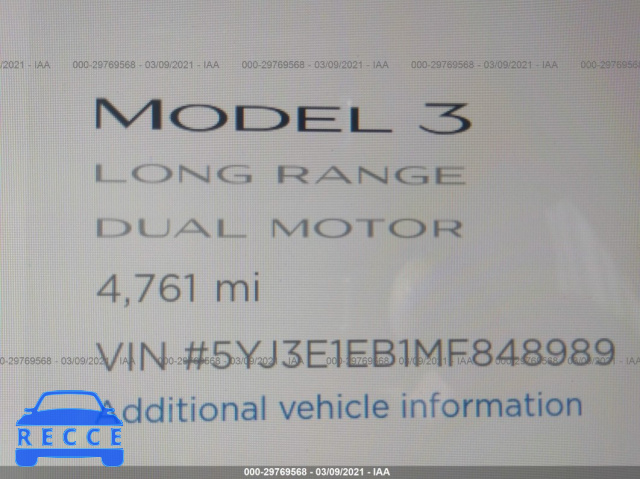 2021 TESLA MODEL 3 LONG RANGE 5YJ3E1EB1MF848989 зображення 6