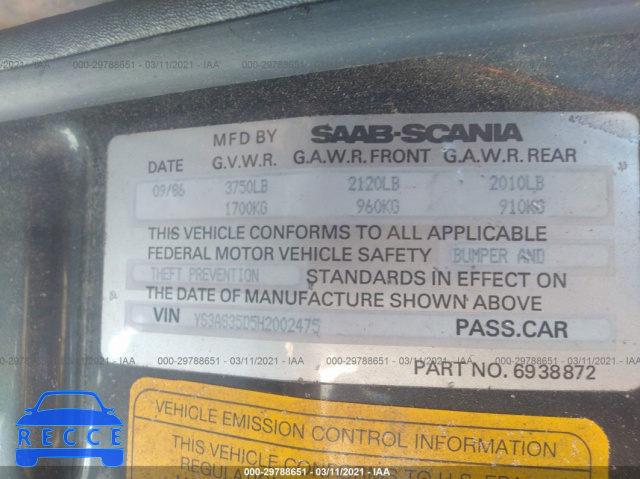 1987 SAAB 900 S YS3AS35D5H2002475 image 8