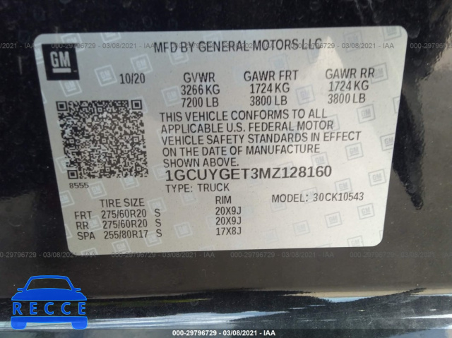 2021 CHEVROLET SILVERADO 1500 LTZ 1GCUYGET3MZ128160 image 8