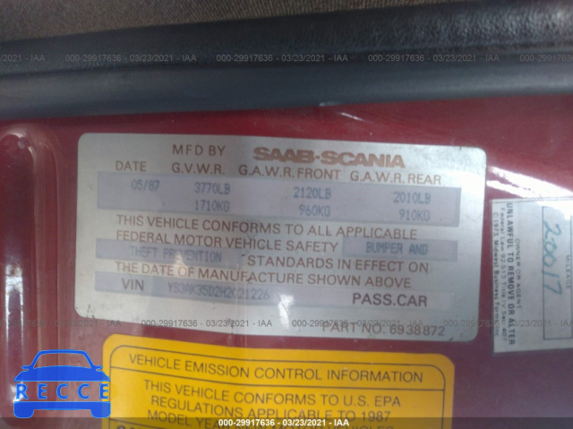 1987 SAAB 900 S YS3AK35D2H2021226 image 8