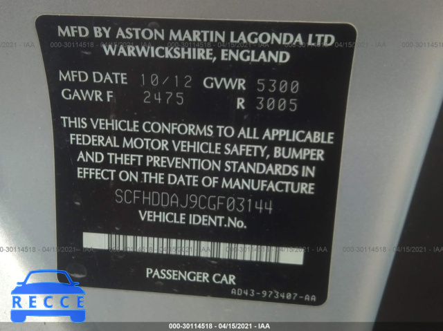 2012 ASTON MARTIN RAPIDE  SCFHDDAJ9CGF03144 image 8