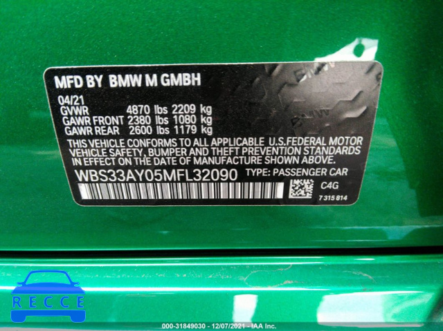 2021 BMW M3 COMPETITION WBS33AY05MFL32090 image 8