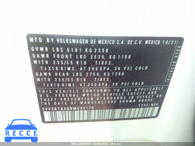 2022 VOLKSWAGEN TIGUAN SE 3VV3B7AX6NM033179 зображення 8