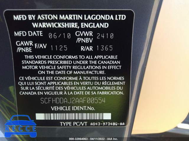 2010 ASTON MARTIN RAPIDE SCFHDDAJ2AAF00554 зображення 8