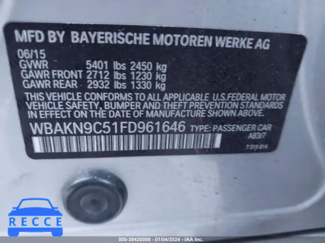 2015 BMW 550I WBAKN9C51FD961646 зображення 8