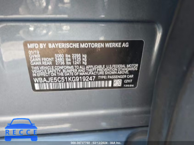 2019 BMW 540I WBAJE5C51KG919247 зображення 8