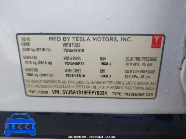 2015 TESLA MODEL S 60/70/85 5YJSA1S19FFP78034 Bild 8