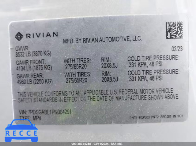 2023 RIVIAN R1S LAUNCH EDITION 7PDSGABL1PN004291 зображення 8