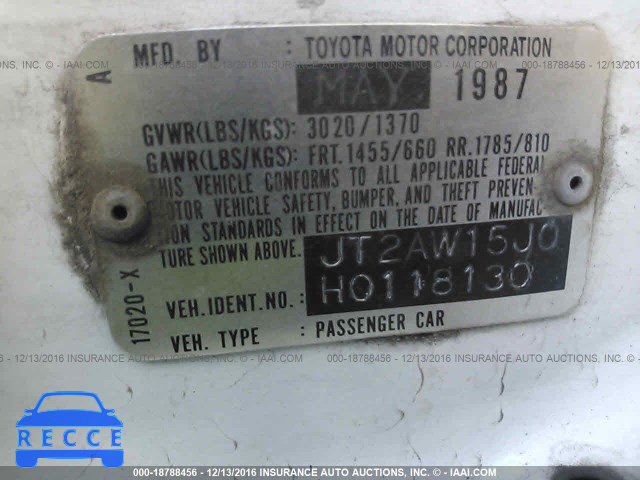 1987 TOYOTA MR2 T-BAR JT2AW15J0H0118130 image 8